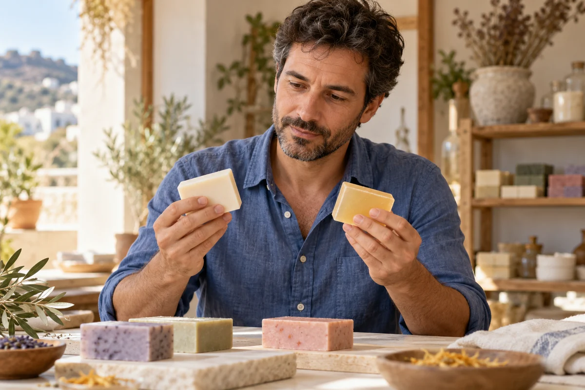 Artesano comparando una pastilla blanca y una translúcida