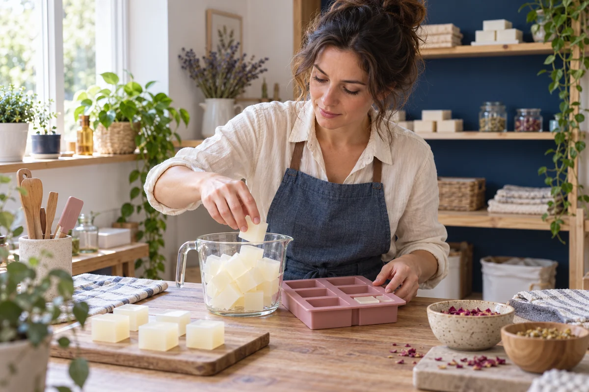 Mujer preparando materiales para elaborar jabón de glicerina