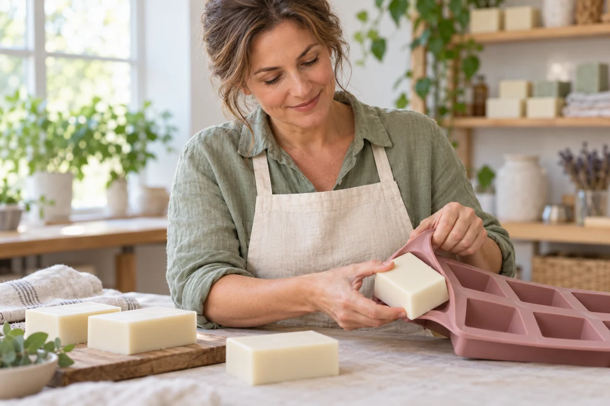 Mujer desmoldando una pastilla de jabón de un molde de silicona